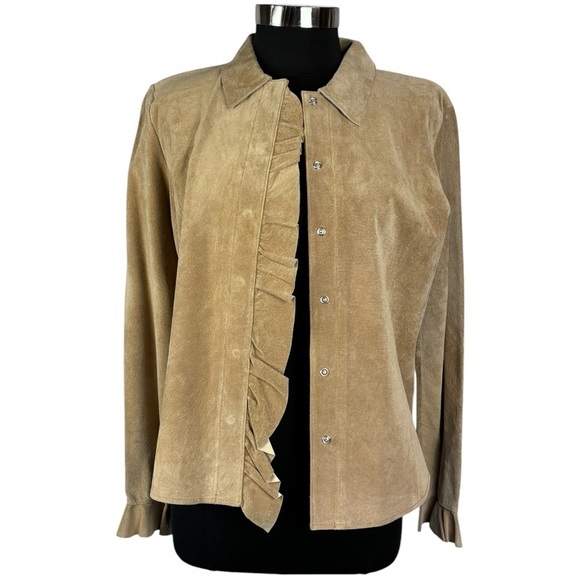 MARGARET GODFREY STYLE 8776 RUFFLE FRONT SUEDE LEATHER SNAP SHIRT JACKET SHACKET - Picture 5 of 16
